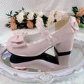 2025 Lolita Style Cute Round Head  Jane Pumps With Bow Women's Sweet Party Dress Midi Heels Shoes Fashion PU Sandals