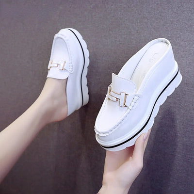 2022 Slides Platform Wedge Slippers Loafers Height Increasing Shoes Women Moccasin Mules Sandals for Women Summer Footwear White