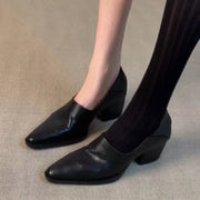 Retro Leather Single Shoes Pointed Toe Women's Versatile Fashionable Design Chunky Heel Autumn Winter Loafers Slip-On Shoes