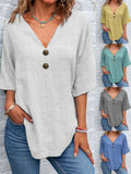 Fashion V Neck Solid Colors Linen Cotton Blouse Street Loose Button Short Sleeve Casual Loose Tunic Shirt for Woman Clothing Top