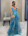 Sleeveless V-neck Women's Maxi Skirt 2025 New Mesh Print Slip Dress for Vacation Casual Party Dress Comfortable Oversized Skirt