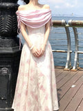 2026 Summer Elegant Pink Floral Print Off Shoulder Maxi Dress Satin Draped A Line Long Dress For Women Party Evening Bridesmaid