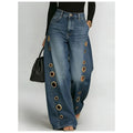 Women's High Waist Wide Leg Jeans Fashion Retro Metal Eyelet Side Hollow Denim Pants Casual Female Streetwear LooseLong Trousers