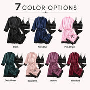 Women's 4-Piece Faux Silk Satin Pajama Set with Lace Trim Robe, Camisole, Shorts and Panties, Spring Loungewear, XS-XXL