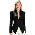 Women Solid Color Blazer V Neck Suits Coats Padded Shoulders Belted Waist Button-down Pointed Hem Jacket Office Lady Outerwear
