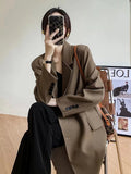 Chic Elegant Women Midi Blazers Spring Fall Long Sleeve Button Streetwear Jacket Solid Simple Office Lady British Style Outwear