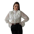 Women Victorian Lace Ruffle Blouse Stand Collar Sheer Puff Long Sleeve Elegant Vintage Shirt Tops