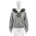 Women Gothic Y2K Zip-up Hoodie  Faux Fur Hood Trim Vintage Floral Rhinestone Print Long Sleeve Front Pocket Casual Sweatshirt