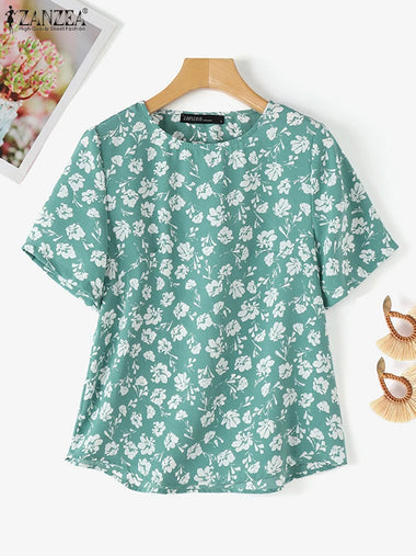 ZANZEA Summer Fashion Floral Printed Blouse Women Bohemian Shirt Casual O Neck Short Sleeve Holiday Tops Female Work Blusas 2025