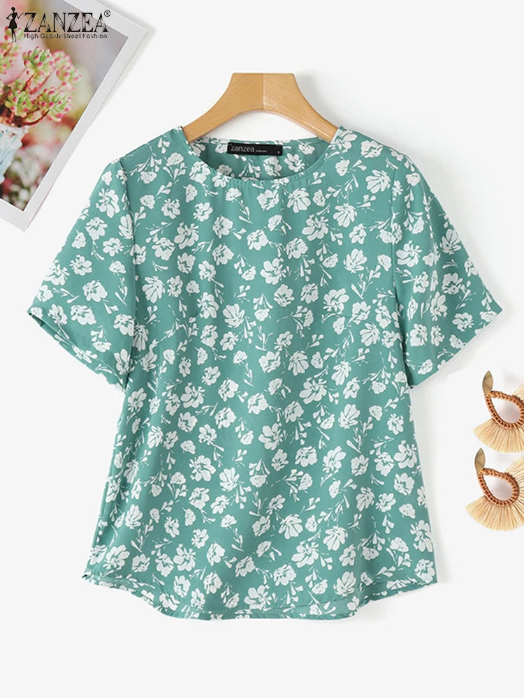 ZANZEA Summer Fashion Floral Printed Blouse Women Bohemian Shirt Casual O Neck Short Sleeve Holiday Tops Female Work Blusas 2025