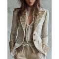 2026 European Women Flare Sleeve Blazer Velvet Pocket Print Notch Lapel Long Sleeve Suit Jacket