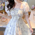 Korean Elegant Fashion Chiffon Dress Summer French Vintage Floral Dress Square Collar Puff Short Sleeve Ink Painting Dress 20827
