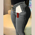 Women's High-Waisted Grey Skinny Jeans Double Button Closure Slim Fit Stretchy Denim Curvy Body Shaping Pants Slimming Leggings