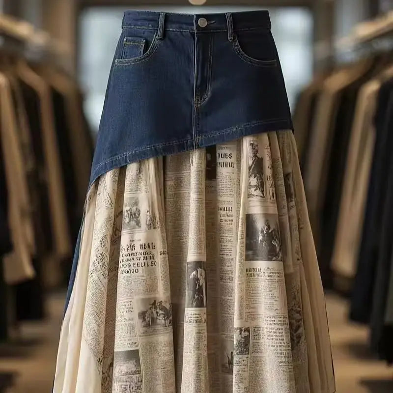 Plus Size Irregular Denim Waist Spliced Vintage Newspaper Print Chiffon Skirt, Women Layered Pleated Midi Skirt