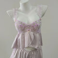 French Court Ice Silk Suspender Sleep Tops & Shorts Pajamas with Chest Pads Sexy Soft Thin Lace Embroidery Home Clothes Set