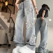 Jeans Washed Star Graphic Patch Floor Length Distressed Straight Trousers Vintage Denims Women Wide Leg Pants Streetwear