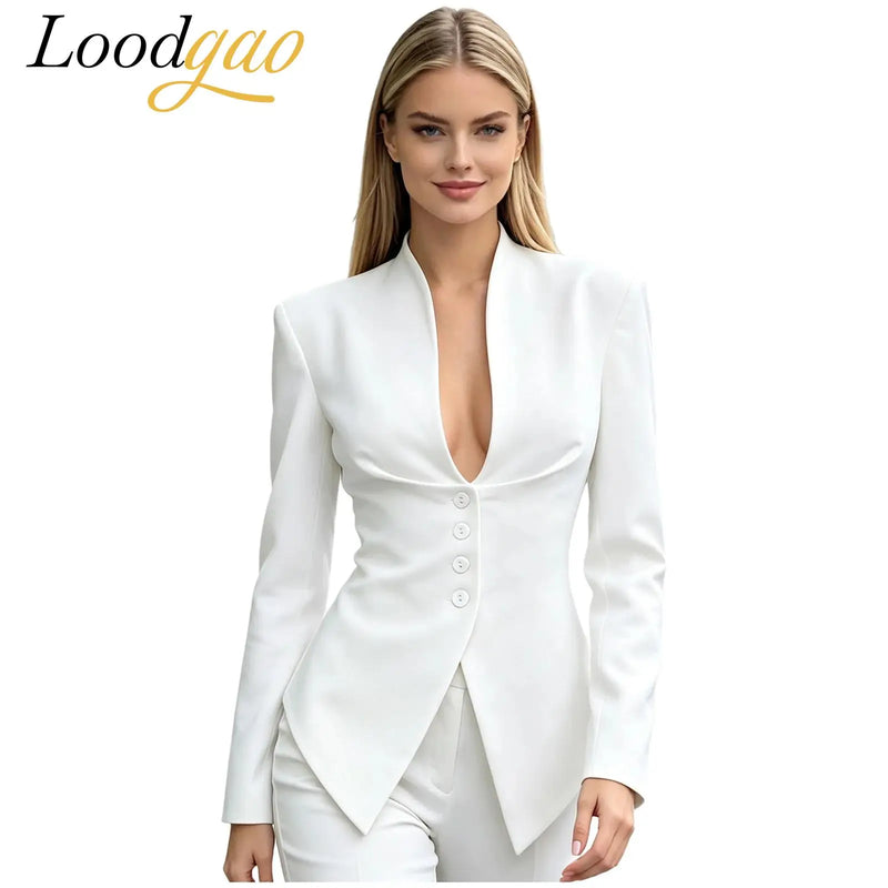 Women Solid Color Blazer V Neck Suits Coats Padded Shoulders Belted Waist Button-down Pointed Hem Jacket Office Lady Outerwear