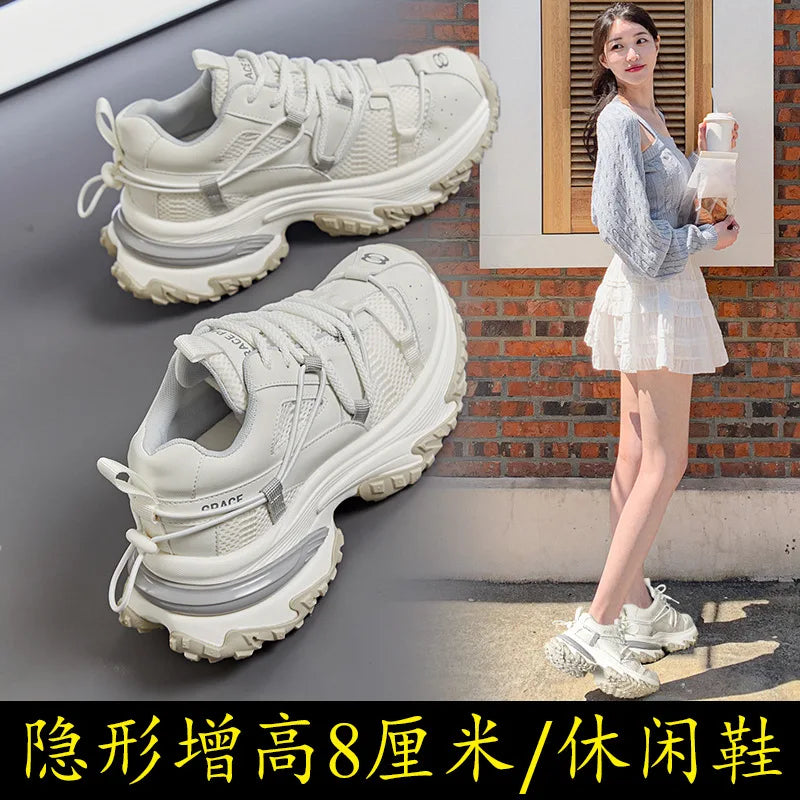 Women Chunky Sneakers Beige Women Chunky Sneakers Breathable Mesh And Leather Upper Lace Up Design Round Toe Non Slip Thick Sole Casual Sports Shoes