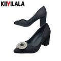 Super Big Size 50-53 Crystals Round Buckle7cm Chunky Heel Pumps Women Shoes Leisure Pointed Toe Flock Black Fashion