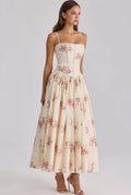 Women's White Floral Print Corset Maxi Dress Spaghetti Strap Pleated A-Line Summer Elegant Long Vacation Gown