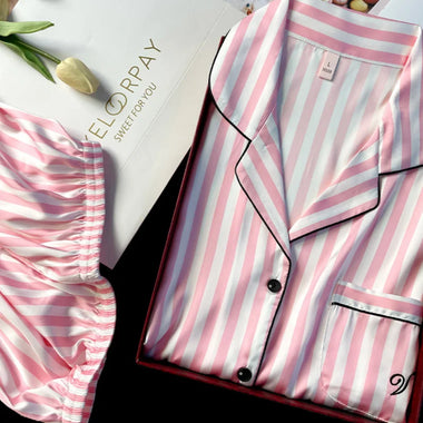 New Female Pajamas Set Loungewear Pink Stripes Embroidery Lace Pijamas Suit Home Clothes Loose Silk Satin Nightwear Loungewear