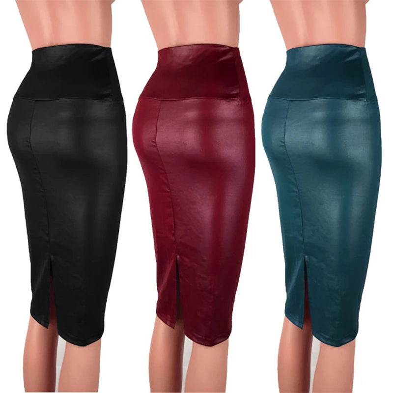 Matte PU Imitation Leather Skirt Women High-waist Bodycon Slim Long Skirts Vintage Office Lady Pencil Skirt Club Party