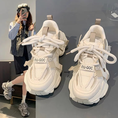 Women's Chunky Sneakers 2025 Spring Breathable Mesh Platform Sports Shoes Woman Fashion Lace Up Thick Sole Casual Shoes Mujer