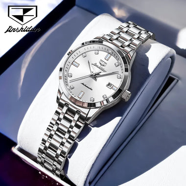 Jinshidun 8841 Automatic Mechanical Watch for Women Stainless Steel Bracelet Date Display Luminous Hands 30m Water Resistant
