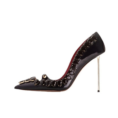 Arden Furtado Summer Patent Leather Stiletto Heels Pointed Toe Metal Heel Buckle Crystal Rhinestone High Heel Sexy Pumps 45 46