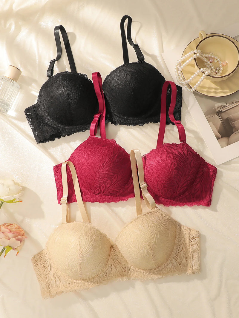 3 Pcs Multiple Colors Underwire Lace Lingerie Women Push Up Bra With Steel Ring Fashion Women Underwear Panty Everyday Bra 2941