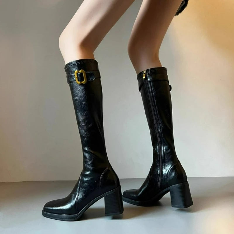 7CM Super High Heels Women Knee Length Boots Autumn Winter Lady Shoes Coarse Heel Casual Tall Boots Fashion Black Knight Boots