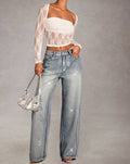 Full-Drill High-Waist Wide-Leg Denim Jeans Women Sparkling Water Diamond Long Pant Jeans Trendy Hot Girl Street Style Trousers