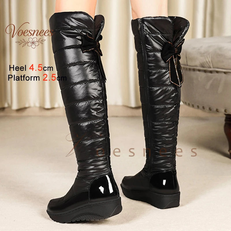 Winter Back Bow Waterproof Down Women's Over The Knee Snow Boots Thick Fleece Lined Platform Wedge Heels Side Zipper Long Boots
