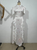 Long Dress Women Flower Print Dresses Ruffles Vestidos Short Sleeve Lace Up Tight Waist Maxi Gown Female 2025 Summer A Line