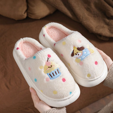 2026 New Cartoon Hot Dog Plush Home Slippers Women Cute Polka Dot Indoor Warm Fuzzy Shoes Girls Light Bedroom Eva Cotton Slides