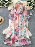 SINGREINY High Quality 3D Floral Dress Female Single Breasted Puff Sleeves Chic French Vintage Senior Organza Print Long Dress