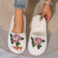 Women Rose Embroidery Plush Open Toe Slippers Soft Furry Flat Non Slip Indoor Bedroom Home House Shoes