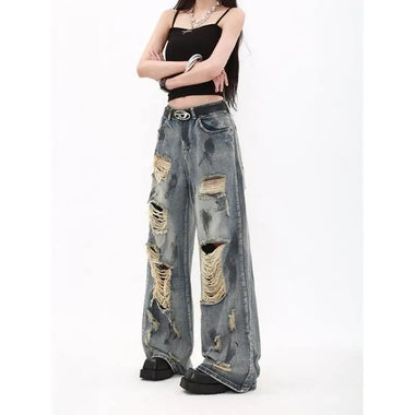 Oversize Blue Ripped Old Hot Girl Y2k American Retro High Waist Fashion Men And Women Hip Hop Straight Loose Wide Legs Jeans