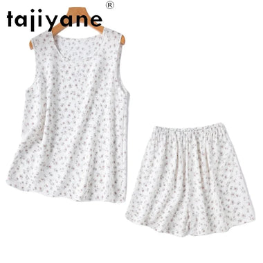 TAJIYANE 100% Real Mulberry Silk Pajama Set Women White Floral Jacquard O-Neck Sleeveless Tanks Top & Shorts 2026 Summer Clothes
