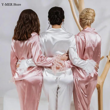 Bride Wedding Women Silk Satin Pajamas Set Feather Trim Cuff 2 Piece Loungewear Long Sleeve Button Down Shirt Pants Set