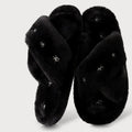 Cross Strap Bowknot Embroidery Fluffy Fur Slippers Women Fashion Indoor Pink Plush Cotton Shoes Woman Flat Heel Home Slippers 45