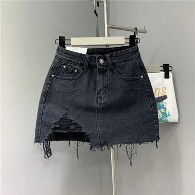 Washed and Worn Out Irregular Denim Half Body Skirts.New Summer Fashion and Individual High-waisted Denim Short Skirt for Women