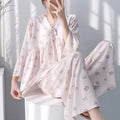 Summer Lady Cotton Silk Thin Pajamas Sets Women V-Neck Long Sleeve Tops Sleepwear Pants 2PCS Female Korean Loose Homewear Suits