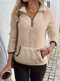 Cozy Women's Plush Fleece Half Zip Top Stand Collar Drop Shoulder Hoodie with Ring Zipper Pull and Pocket Casual Loungewear