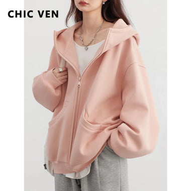 Women Sweatshirts Oversize CHIC VEN Women Sweatshirts Loose Casual Hooded Long Sleeves with Plush Sweater Double Zipper Oversize Coat Spring Autumn 2026