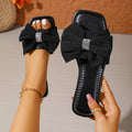Black White Elegant Bow Flat Sandals Woman Fashion Crystal Soft Soles Square Toe Shoes Women's Summer Comfortable Beach Footwear