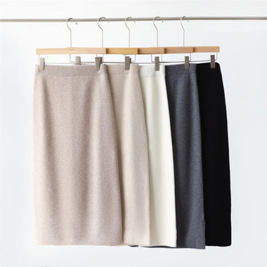 Korean Knit Women Midi Skirts Straight Bodycon Style Winter Pure Wool High Waist Back Slit Thickened Slim Fit Mid Length Skirt