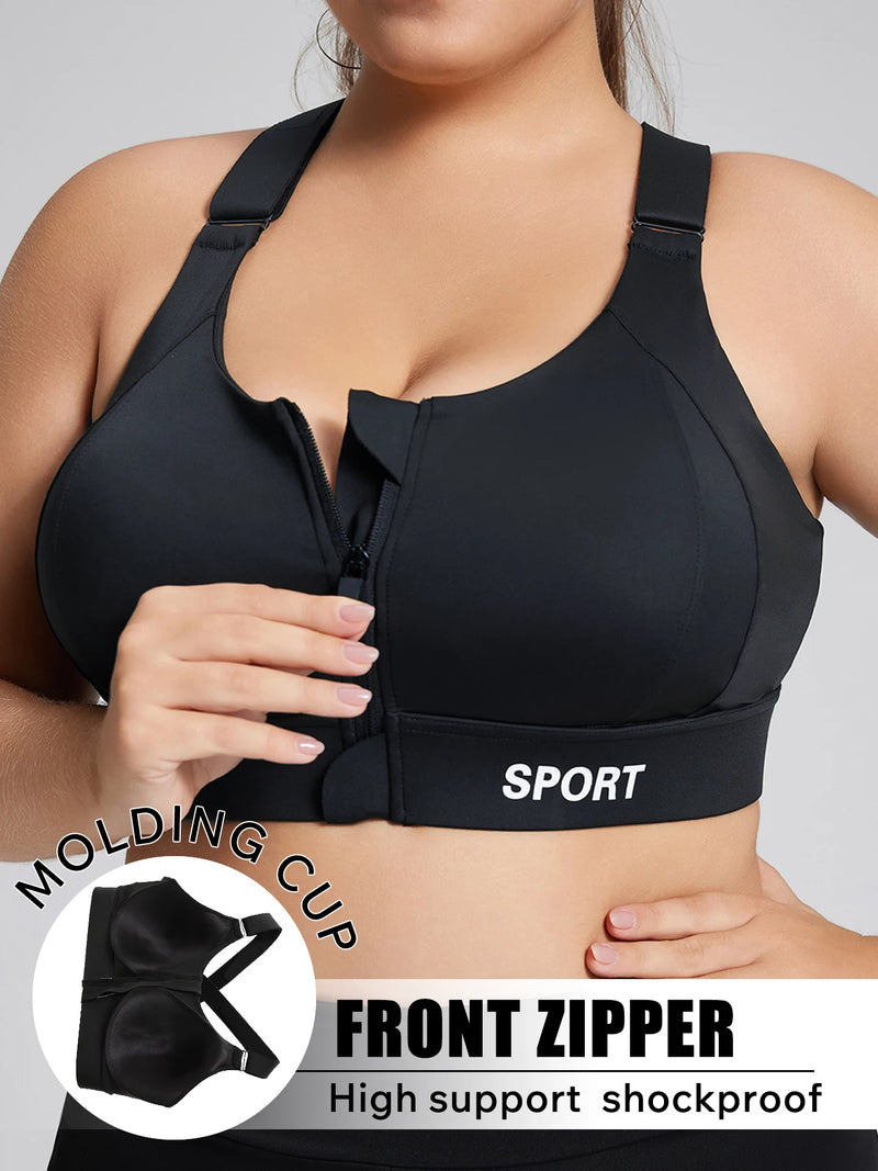 Plus Size】Sports Bra, Zipper Closure with Lift-Up Design, Adjustable Support, Fixed Cups, Can Be Worn Outside, Medium Support Level, Suitable for Sports, Fitness, Running, and Everyday Casual Wear