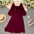 Chic Elegant Square Collar Maxi Dress Women Solid Chiffon Puff Sleeve Dresses 2026 Beach Party Robe Vintage Ruffle Vestidos Y2k