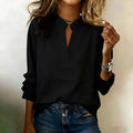 Women's Elegant Solid White V-Neck Long Sleeve Blouse with Flowy Loose Fit and Notch Collar for Casual Office Wear Women Shirts